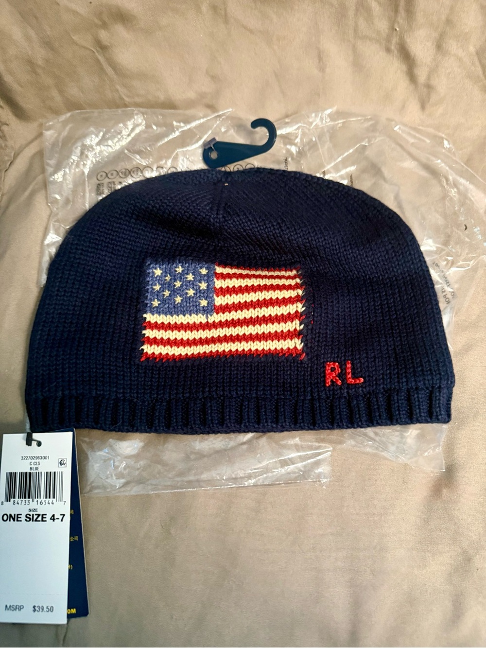 Ralph Lauren Kids Navy Knit Beanie with Flag Patch